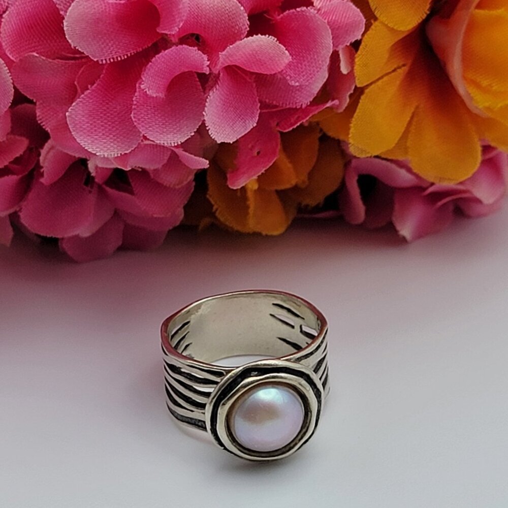 Vintage ISRAEL 925 Sterling Silver Pink Pearl Dome Ring Size 9